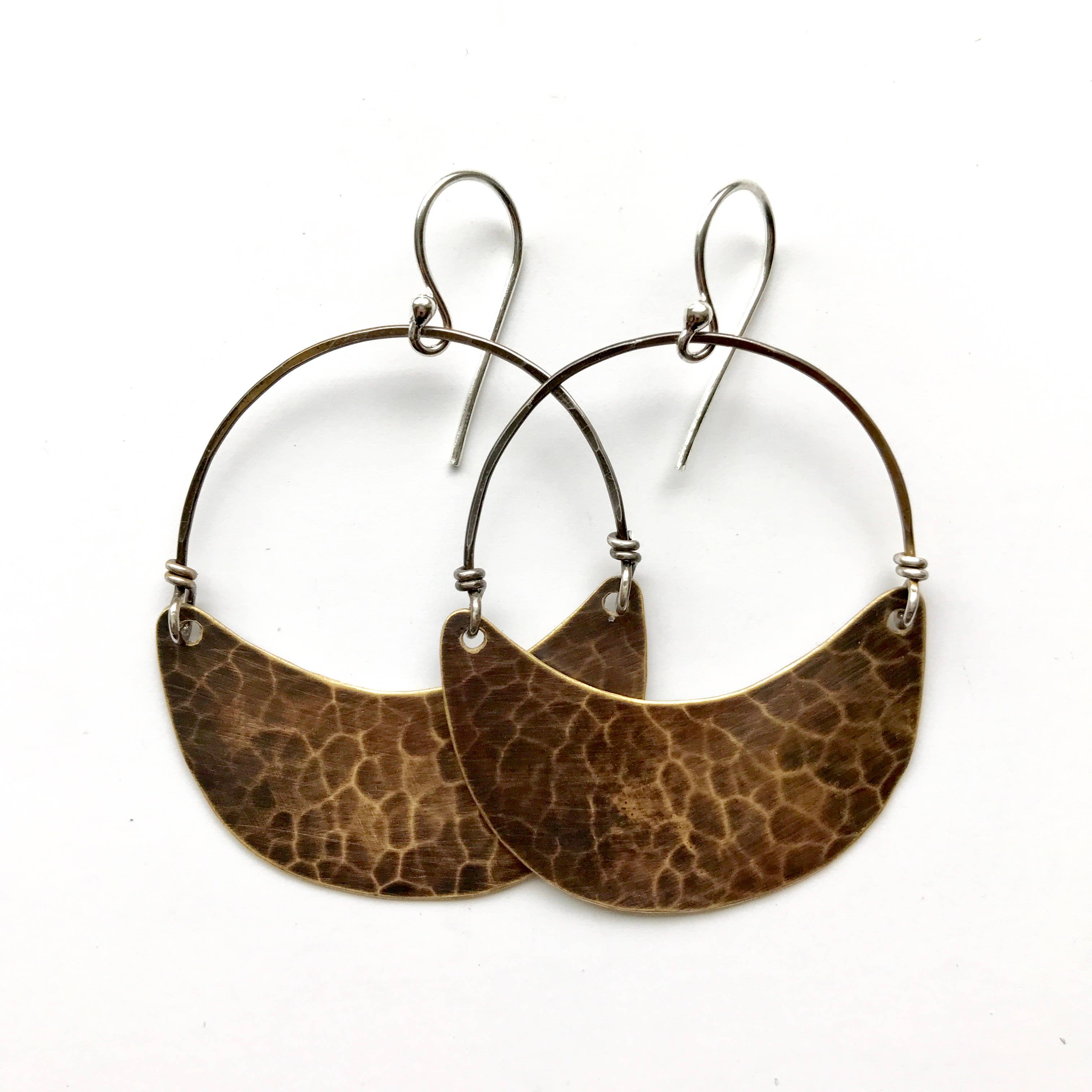 Hammered brass and mixed metal cresent moon earrings with smoky quartz